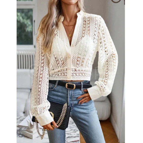 Hollow Out Knit Crochet Guipure Crop Shirt Long Sleeve Button Up Front - Picture 5 of 12